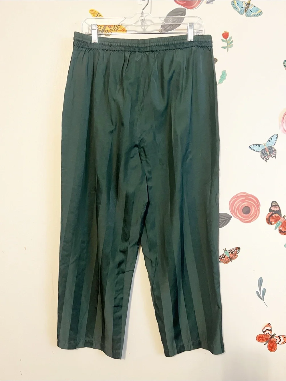 Men's Silk Blend Dark Green Stripe Drawstring Pajama Pants L